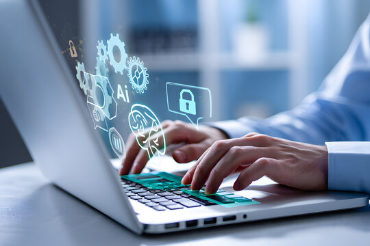 Person using laptop with AI, security, and data analytics holographic interface.