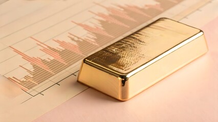 Pristine gold bar corner mirrors glowing economic heatmap tones on a soft peach gradient&mdash;luxury asset meets data visualization.