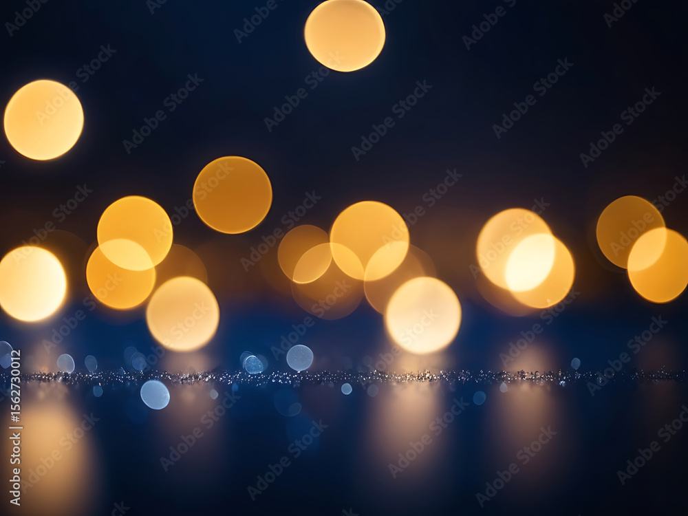 Poster golden bokeh lights glowing on a deep blue abstract background with smooth texture and modern design
