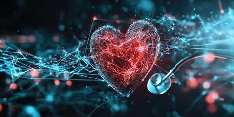 A heart, rendered as a network of lines and points, within a field of interconnected, luminous particles. A medical stethoscope is subtly present