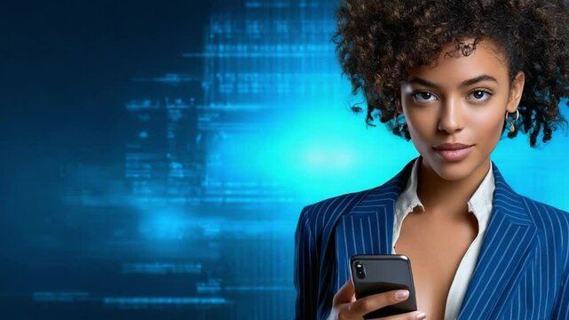 Elegant Businesswoman and Modern Communication: A sophisticated businesswoman holds a modern smartphone, her expression conveying focus and confidence against a futuristic.