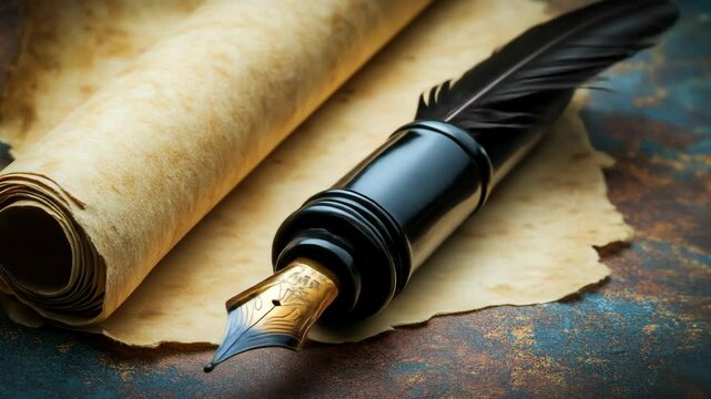 Rolled parchment scroll and feather quill on weathered surface