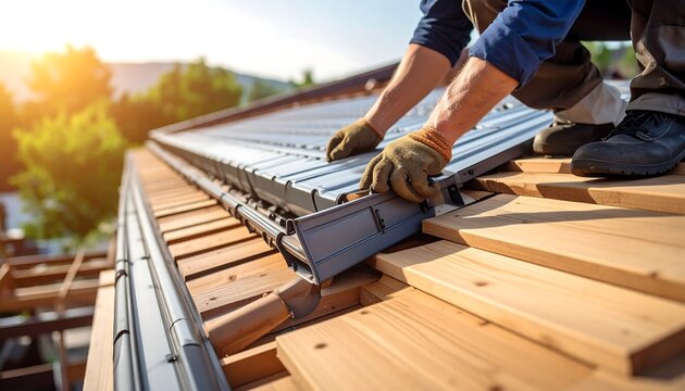 Roofer installing gutter on residential house.