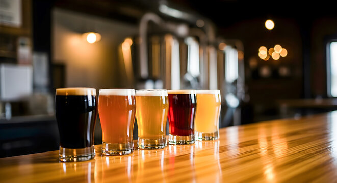 Variety of craft beers displayed on wooden bar top at local brewery ready for tasting and enjoyment.