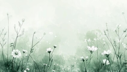 Delicate white flowers in a soft, muted green field