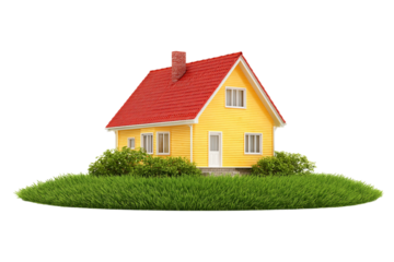 Charming Yellow House with Red Roof on Green Hill, a Quaint and Colorful Home Illustration isolated on transparent background