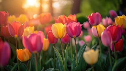 Colorful tulip field bathed in golden sunset light