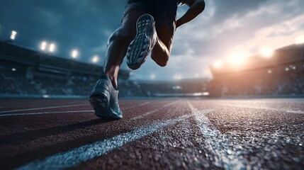 An athlete runs with determination on a track field in a stadium with the sun setting in the background and lights illuminating the arena creating an inspiring and competitive atmosphere