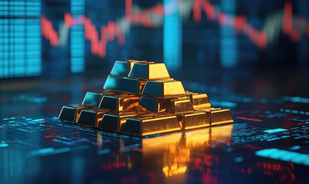 Golden pyramid of gold bars atop a digital circuit board, with stock market graphs in the background