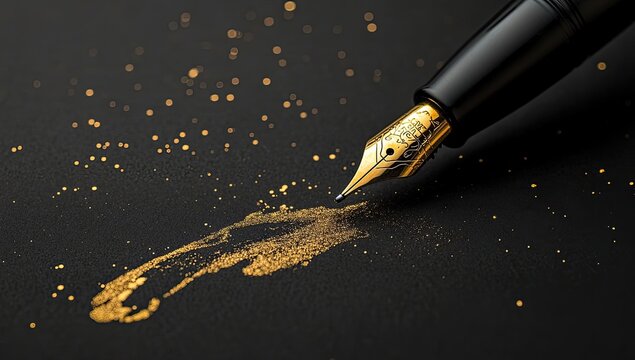 Gold fountain pen nib on black paper