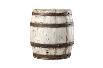 Obraz premium A weathered wooden barrel with metal bands stands against a transparent background.