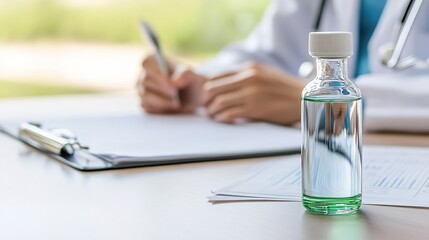 Fototapeta premium Medical Professional Examining Prescription Bottle on Desk Surface