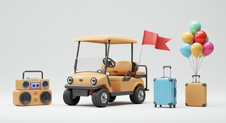 Cartoon golf cart luggage and balloons travel concept