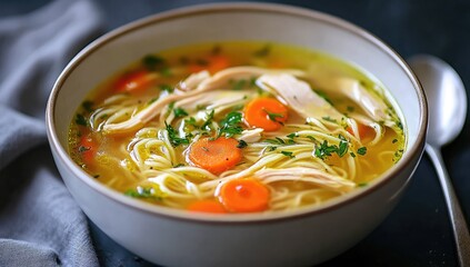 Bowl of steaming chicken noodle soup (2)
