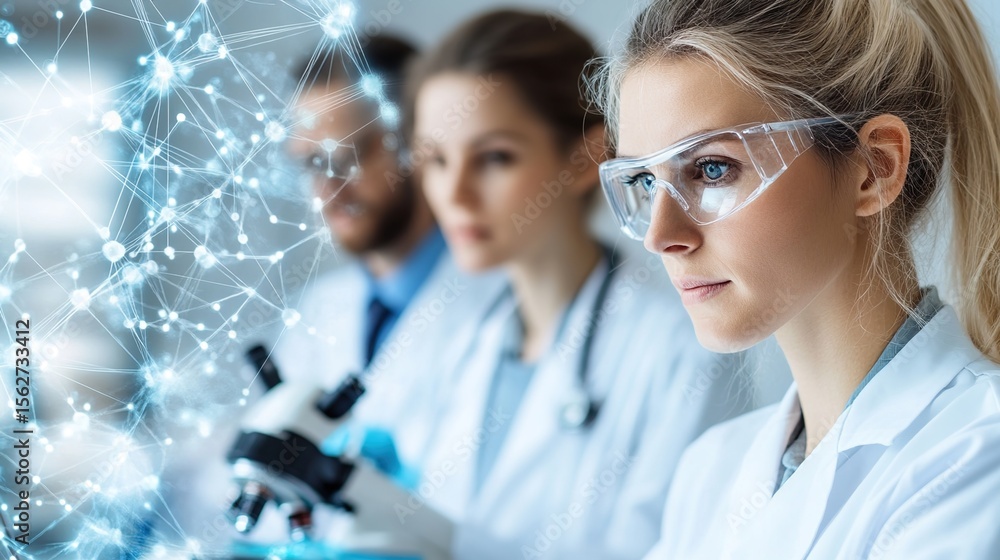 Poster female scientist in lab with microscope and digital connections display