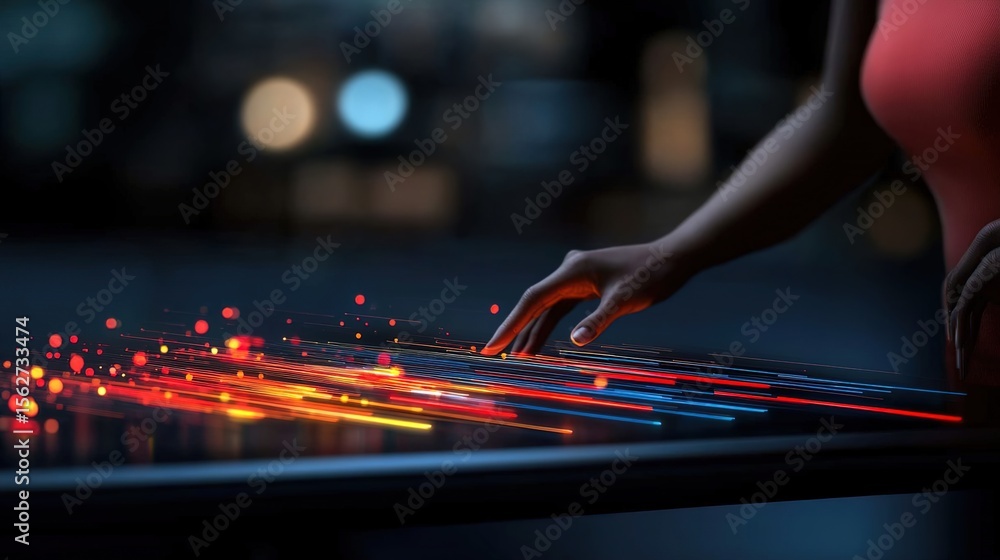 Poster futuristic interface with hand interaction and colorful light effects