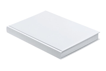 Isometric view of a blank white hardcover book, perfect for adding your own title and cover design, on a dark background isolated on transparent background