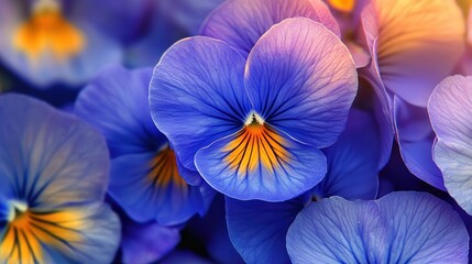 A vibrant display of blue and purple pansies with yellow centers, set against a blurred background, creating a soft focus effect.