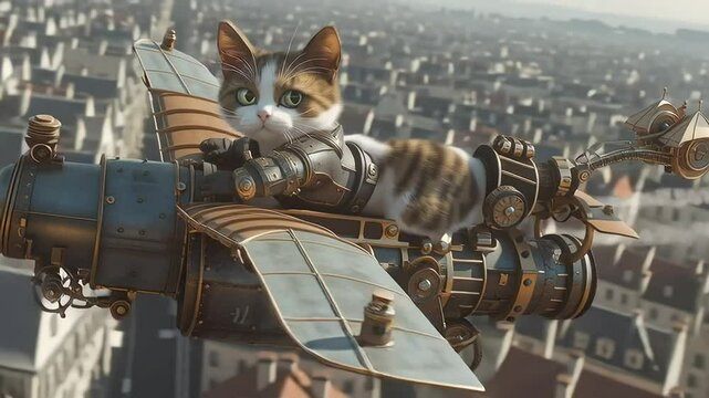 Steampunk Cat Soaring Above A Cityscape in A Unique Aircraft with ai generated