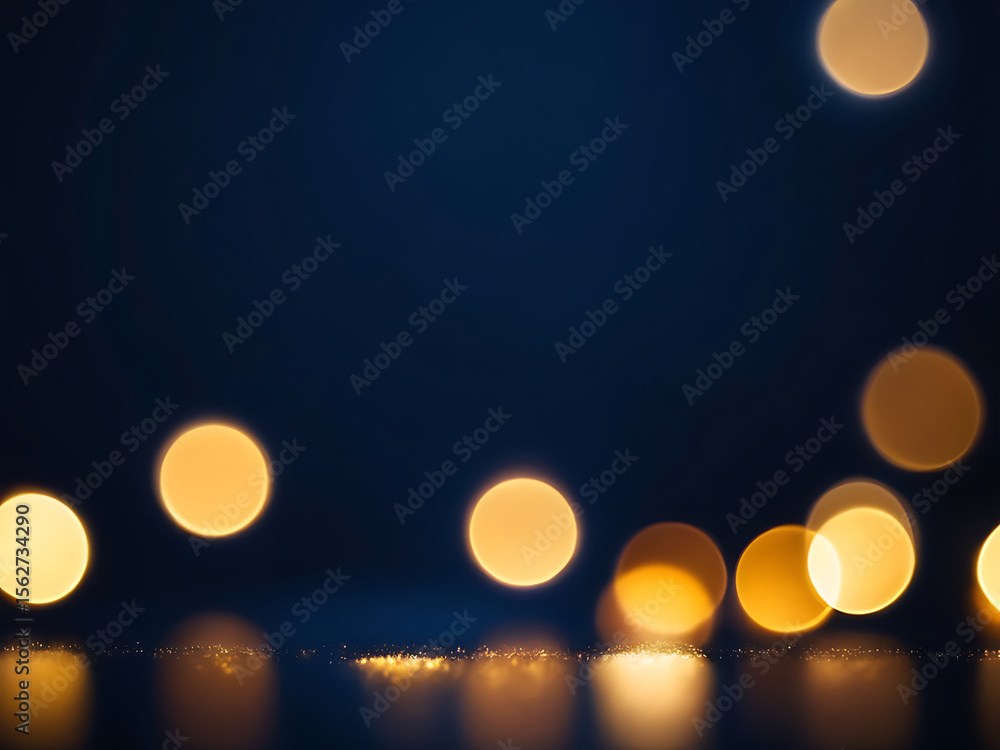 Poster golden bokeh lights glowing on a deep blue abstract background with smooth texture and modern design