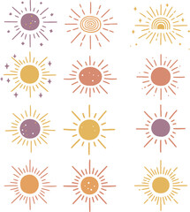 Collection of vector sun icons: diverse designs for summer, sunlight, and weather illustrations