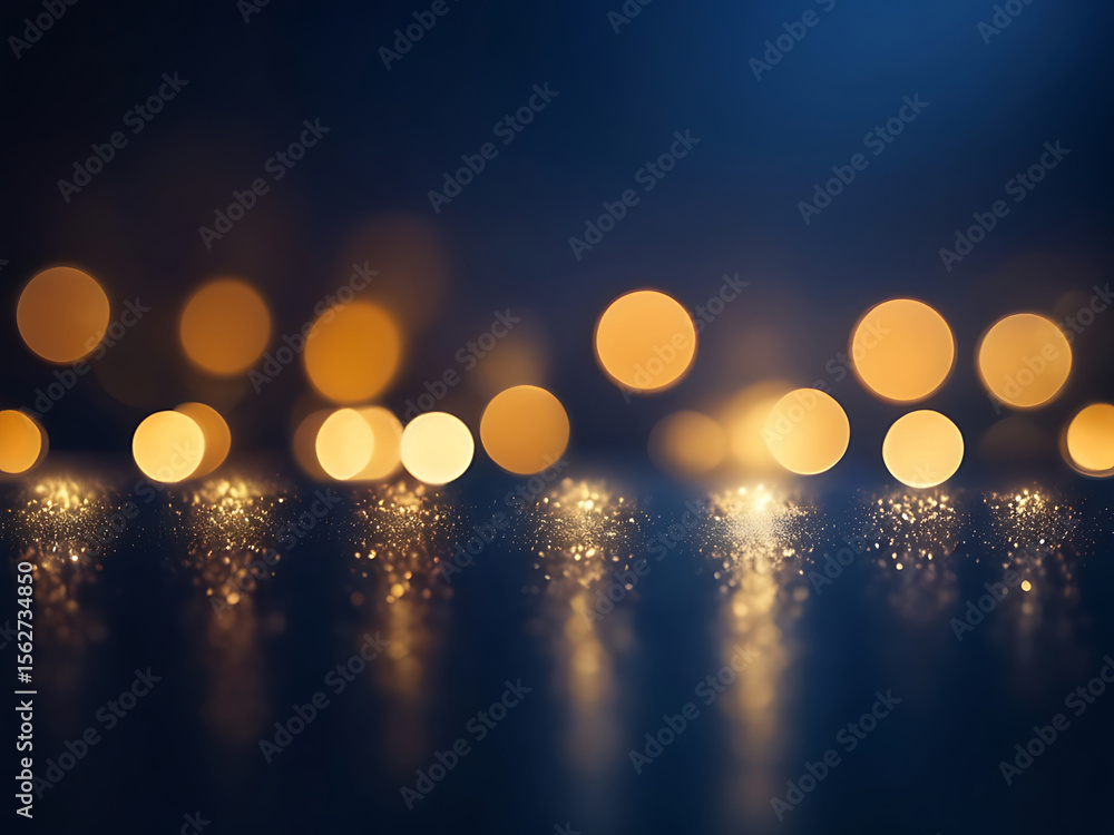 Poster golden bokeh lights glowing on a deep blue abstract background with smooth texture and modern design
