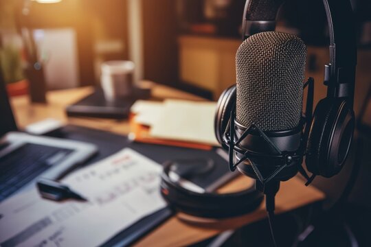 Close-up of a microphone and headphones on a home studio desk. Blurred background shows a laptop, papers, and other studio gear
