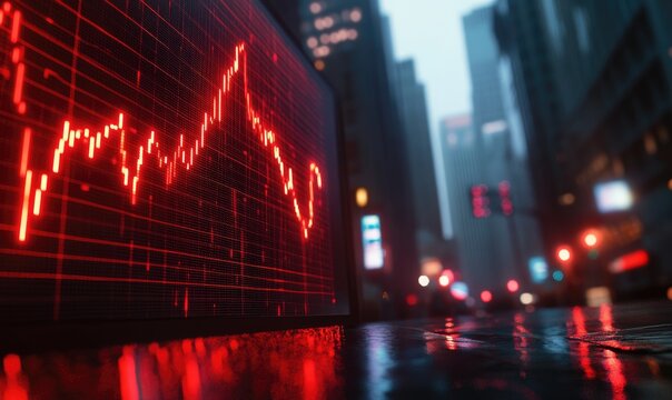 Red stock chart on a screen in a city at night