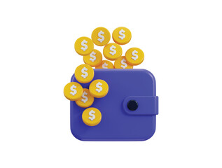 Wallet with coins icon 3d render concept of savings salary, wallet payment with 3d golden coins icon vector illustration