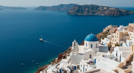 Fototapeta premium Picturesque Santorini Island View: Blue Domed Church, White Buildings, and Aegean Sea