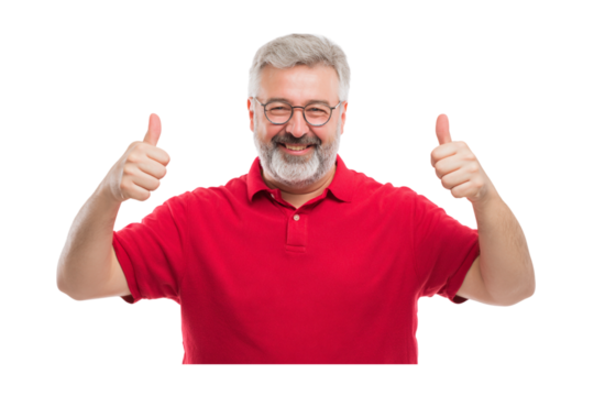Cheerful mature man with glasses giving thumbs up gesture, expressing positivity and approval isolated on transparent background