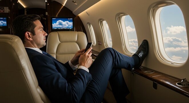Relaxed businessman using smartphone in private jet with clouds visible through the window