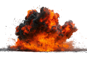 Fiery Explosion with Dense Smoke Cloud and Debris Against Black Backdrop, Dramatic and Intense isolated on transparent background