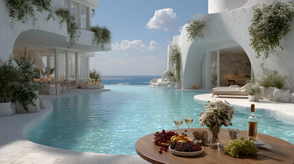 Fototapeta premium Luxury hotel exterior with swimming pool, ocean view, and a dining table set up, creating an inviting and relaxing atmosphere