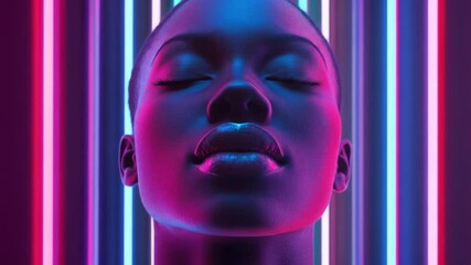 Woman with closed eyes in front of neon glowing background - Powered by Adobe