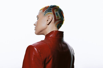Woman with colorful braided hairstyle wearing a red leather jacket, showcasing unique fashion and...