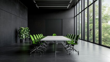 Modern conference room with large windows. Dark gray walls, white table, and lime green chairs