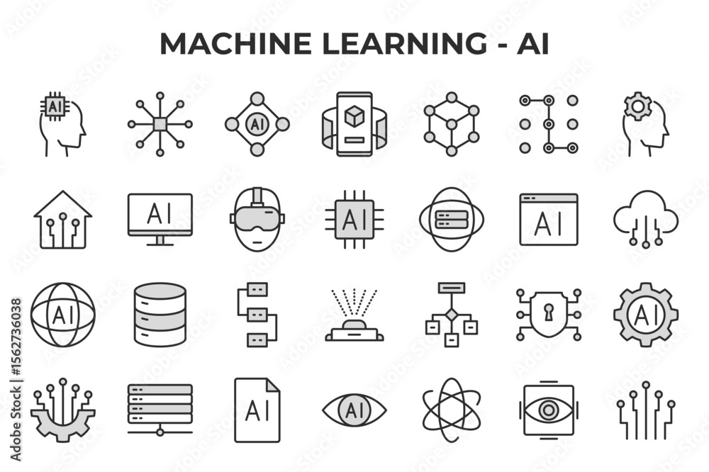 Poster machine learning ai artificial intelligence technology data network icon set