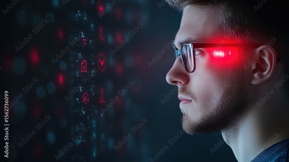 Poster futuristic man with glasses analyzing data with digital interface