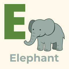Obraz premium Cartoon elephant beside a bold letter E. Perfect for alphabet flashcards, phonics learning, nursery decor, and educational vector sets. Clean and kid-friendly style.