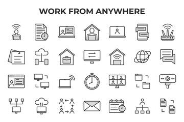 Work From Anywhere Remote Office Home Business Online Global Communication Icon Set
