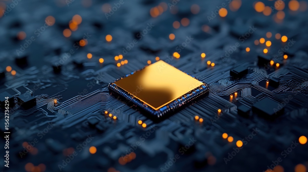 Aufkleber golden microchip surrounded by circuit board elements and glow