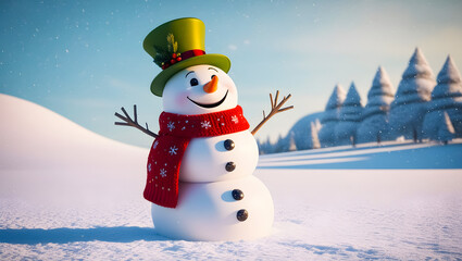 Obraz premium Happy snowman in winter wonderland scene