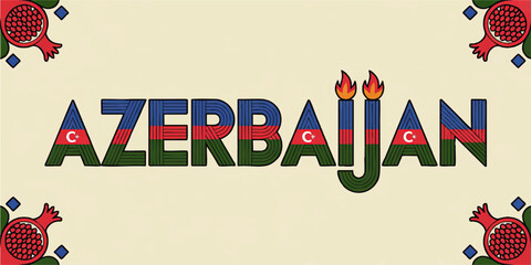Azerbaijan Typography Vector Illustration with National Flag Colors, Fire Motif, and Pomegranate Ornaments on Beige Background