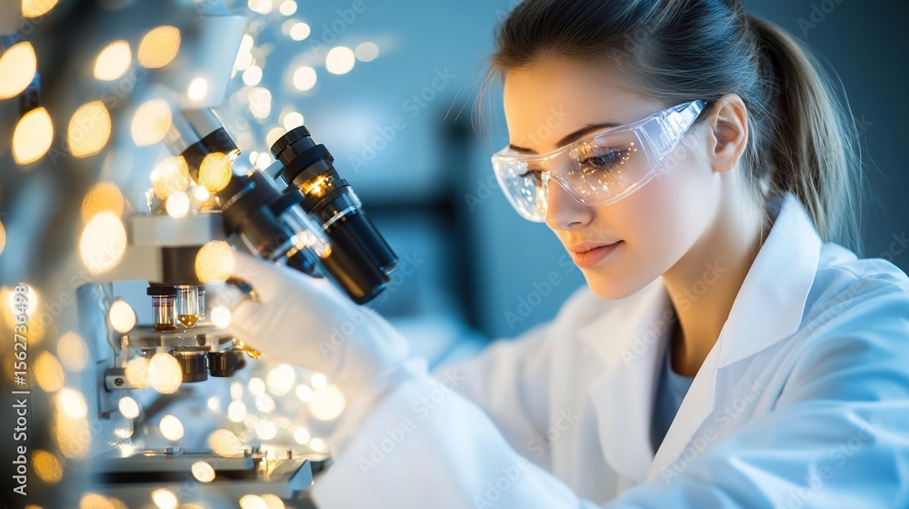 Poster scientist examining specimens under microscope in laboratory setting