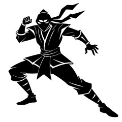 Ninja in action pose Silhouette with white background.