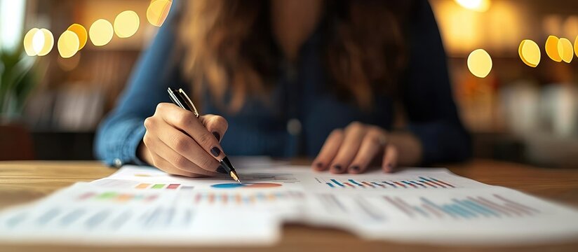 Woman analyzing financial documents at a cafe