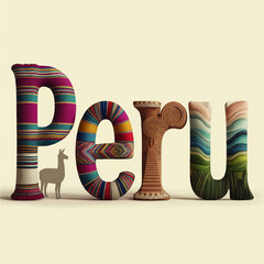 Peru Typography with Andean Textiles, Llama Silhouette, and Landscape Motifs &ndash; Colorful Travel and Culture Concept Illustration
