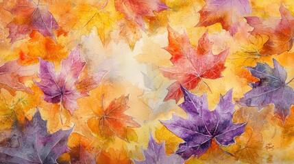 A vibrant autumnal scene with colorful maple leaves scattered across a textured, yellow and orange background.