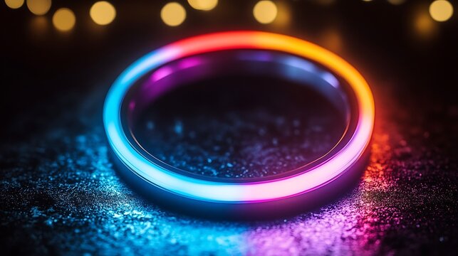 Neon ring light glowing on dark textured surface with bokeh background for abstract futuristic technology